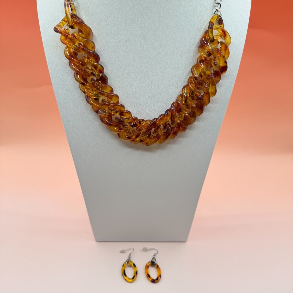 Amber Tone Tortoiseshell Acrylic Chunky Necklace Earrings Set Boho Y2K Statement